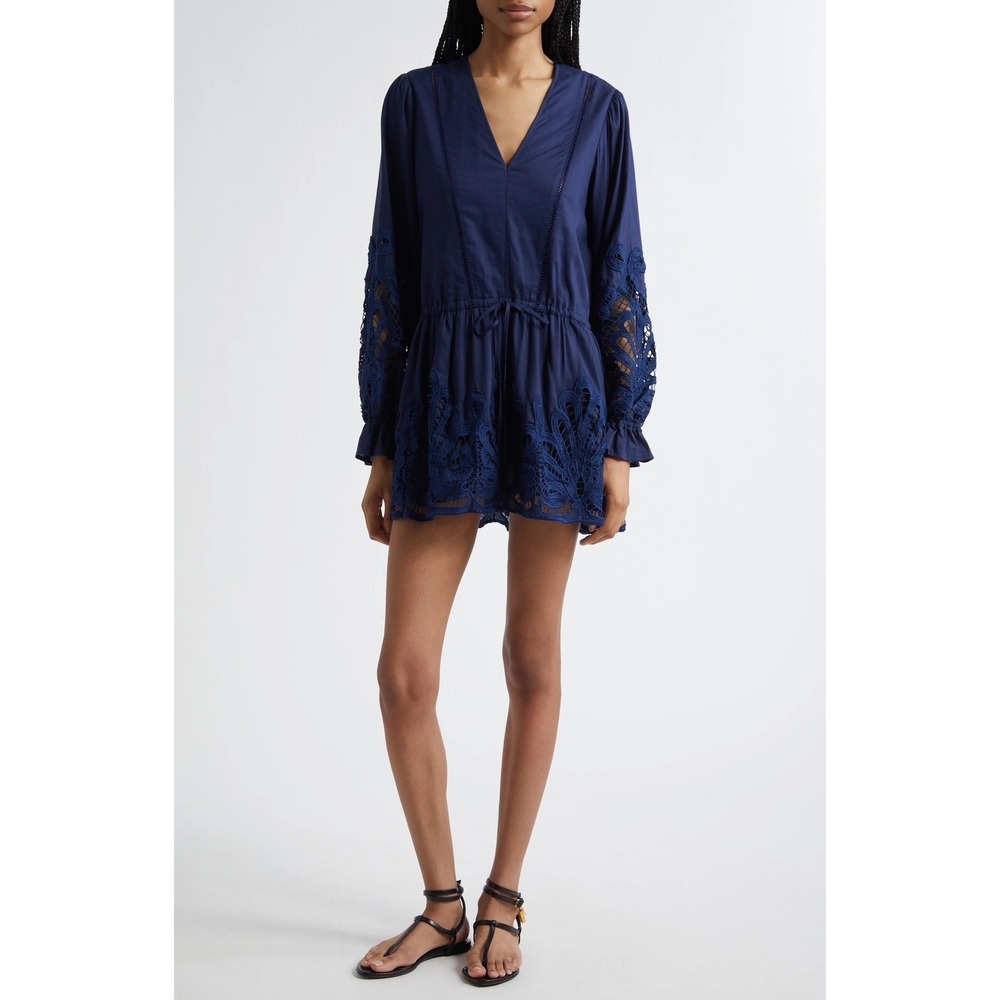 Ramy Brook NWT Navy Solid Shift Short Dress V-Neck Long Sleeve Lace Hem Lined M